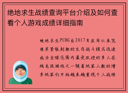 绝地求生战绩查询平台介绍及如何查看个人游戏成绩详细指南